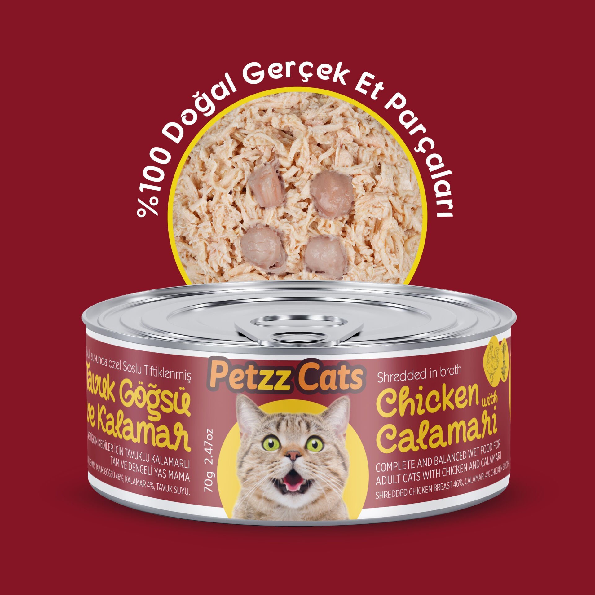 PetzzCats Lezzetli Sos İçinde Tiftiklenmiş Taze Tavuk Etli ve Kalamarlı Konserve Kedi Maması 70 Gr