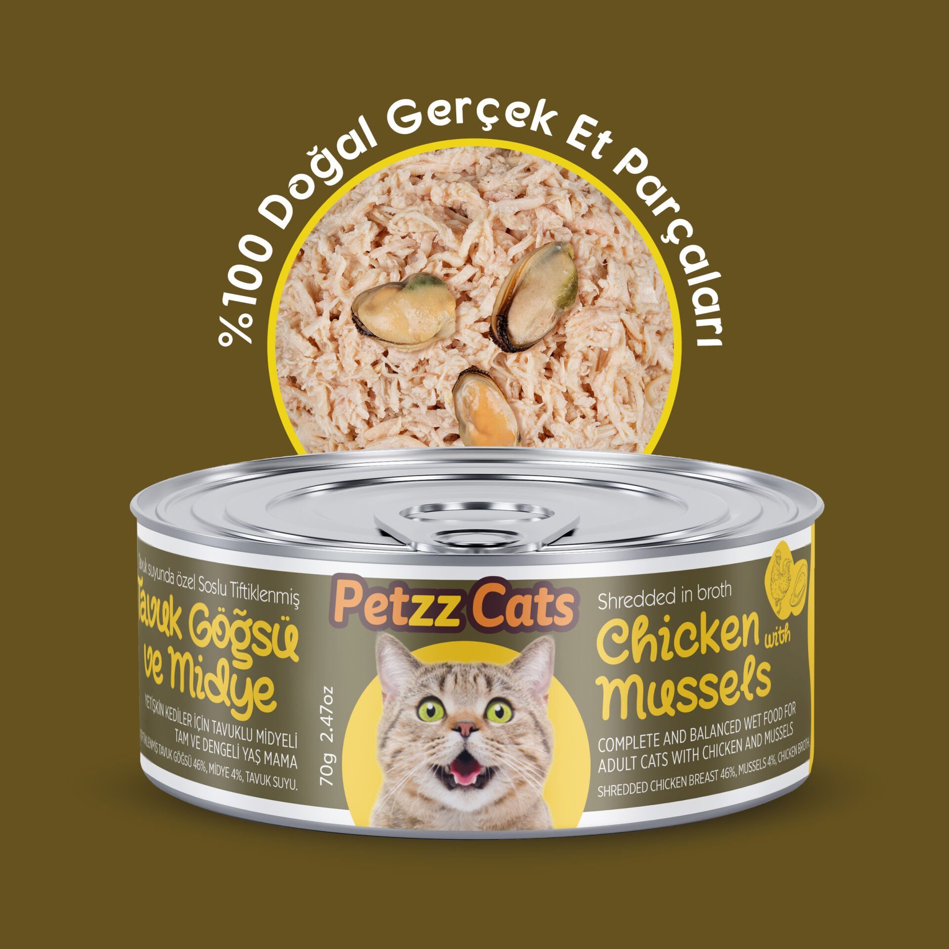 PetzzCats Lezzetli Sos İçinde Tiftiklenmiş Taze Tavuk Etli ve Midyeli Konserve Kedi Maması 70 Gr