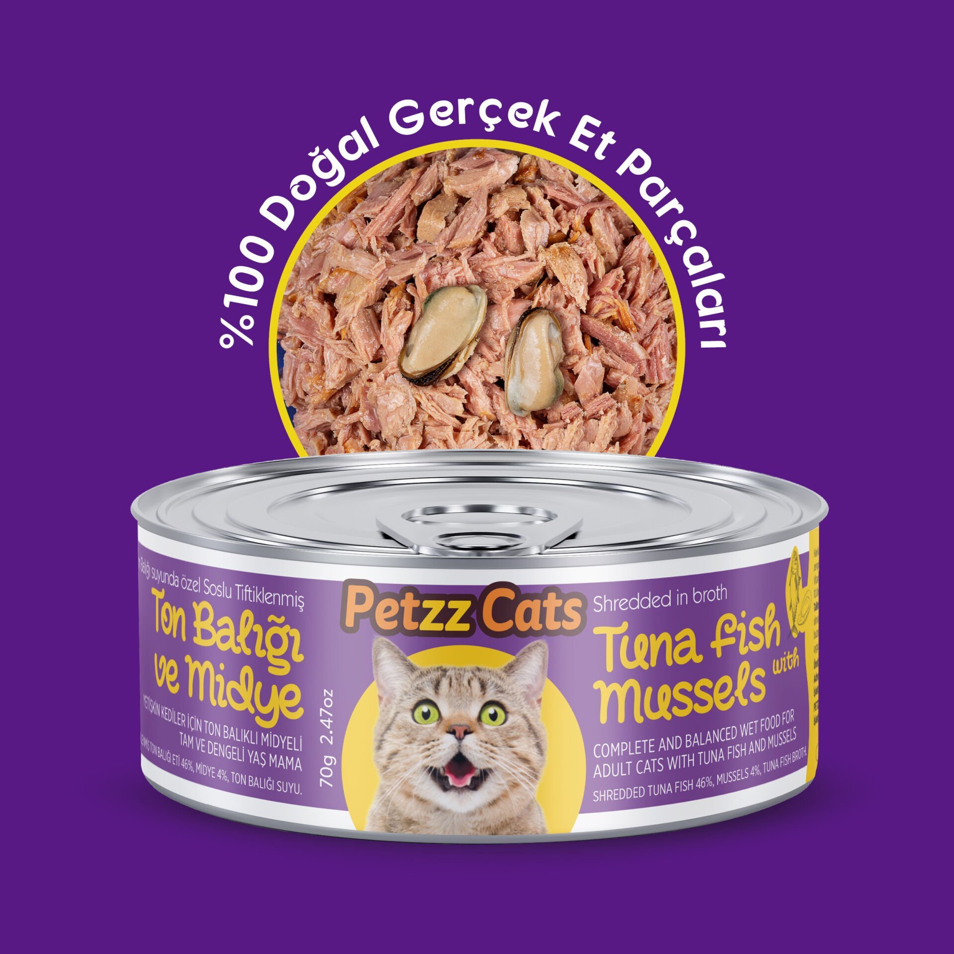 PetzzCats Lezzetli Sos İçinde Taze Fileto Ton Balıklı ve Midyeli Konserve Kedi Maması 70 Gr