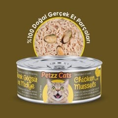 PetzzCats Lezzetli Sos İçinde Tiftiklenmiş Taze Tavuk Etli ve Midyeli Konserve Kedi Maması 70 Gr