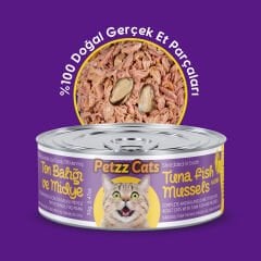 PetzzCats Lezzetli Sos İçinde Taze Fileto Ton Balıklı ve Midyeli Konserve Kedi Maması 70 Gr