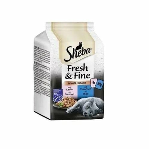 Sheba Pouch Fresh & Fine Sos İçerisinde Ton Balıklı ve Somonlu Yetişkin Konserve Kedi Maması 6 Adet 50 Gr
