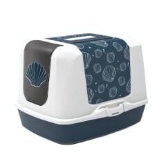 Moderna Trendy Midye Desenli Kapalı Kedi Tuvaleti Beyaz/Lacivert 57 Cm