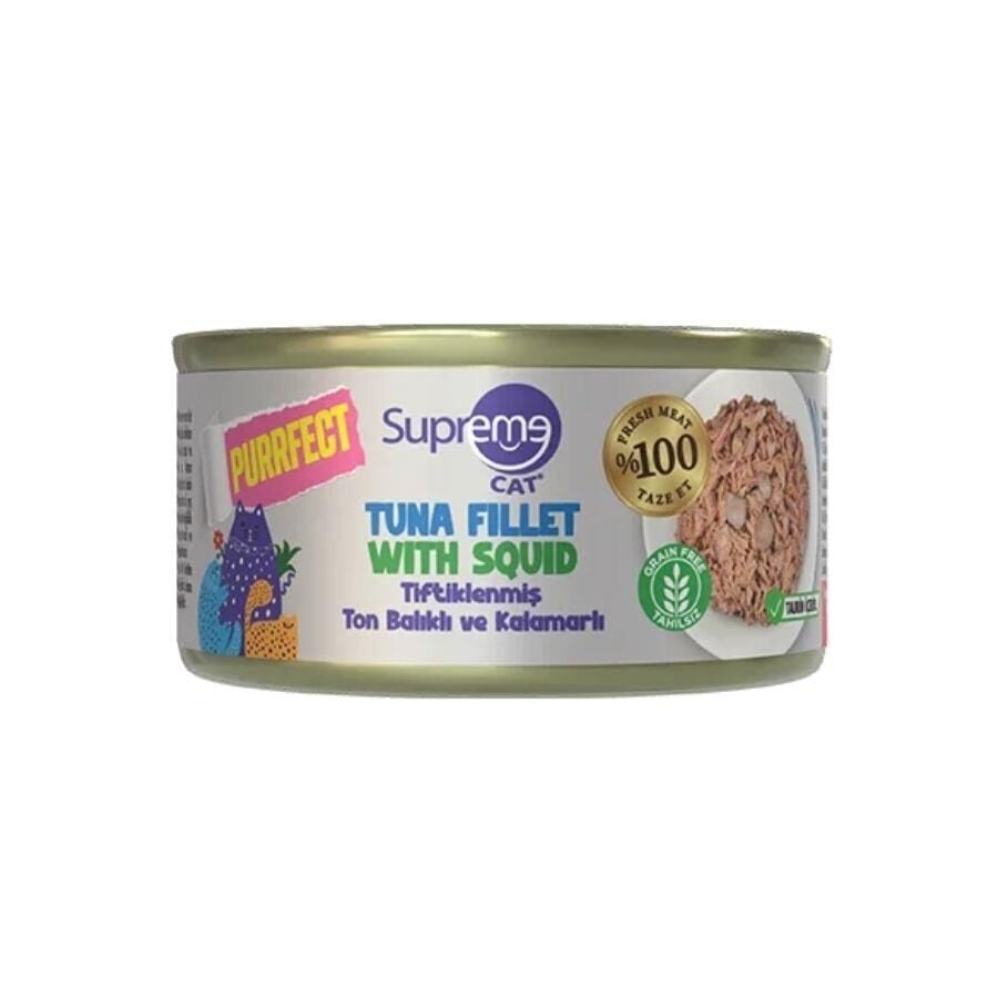 Supreme Cat Purrfect Tiftiklenmiş Ton Balıklı ve Kalamarlı Yetişkin Kedi Konservesi 70 gr