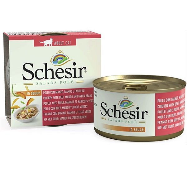 Schesir Salad Tavuk Sığır Eti ve Mangolu Yetişkin Konserve Kedi Maması 85 Gr