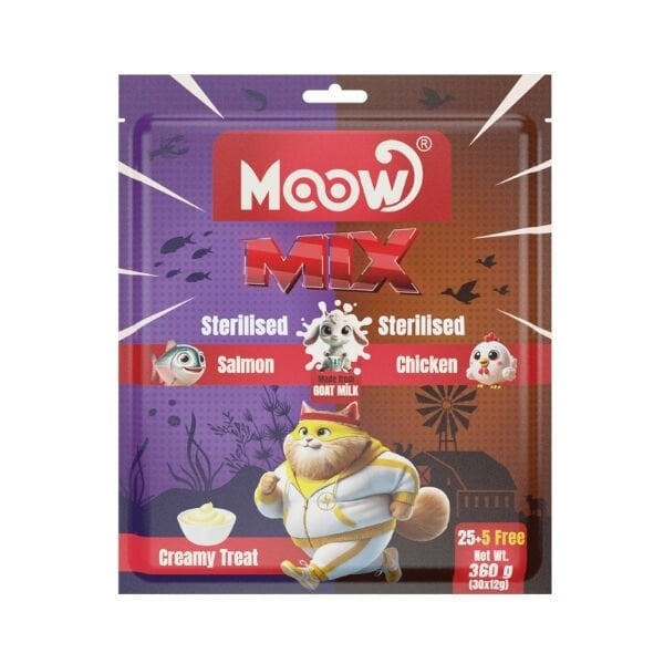 Moow Karışık Somonlu ve Tavuklu Keçi Sütlü Kısırlaştırılmış Sıvı Kedi Ödül Maması 30x12 Gr