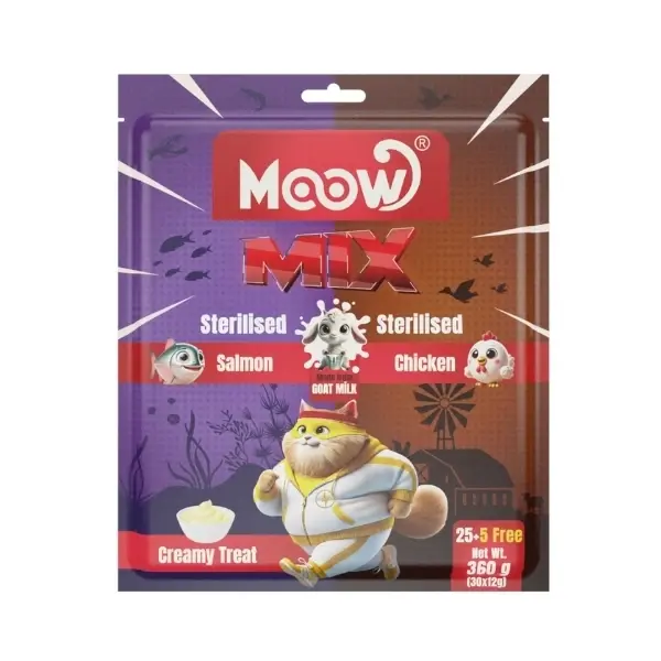 Moow Karışık Somonlu ve Tavuklu Keçi Sütlü Kısırlaştırılmış Sıvı Kedi Ödül Maması 1 Adet 30x12 Gr