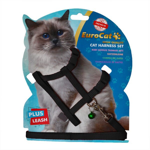 Euro Cat Kedi Göğüs Tasma Seti Siyah 10 Mm 28 Cm