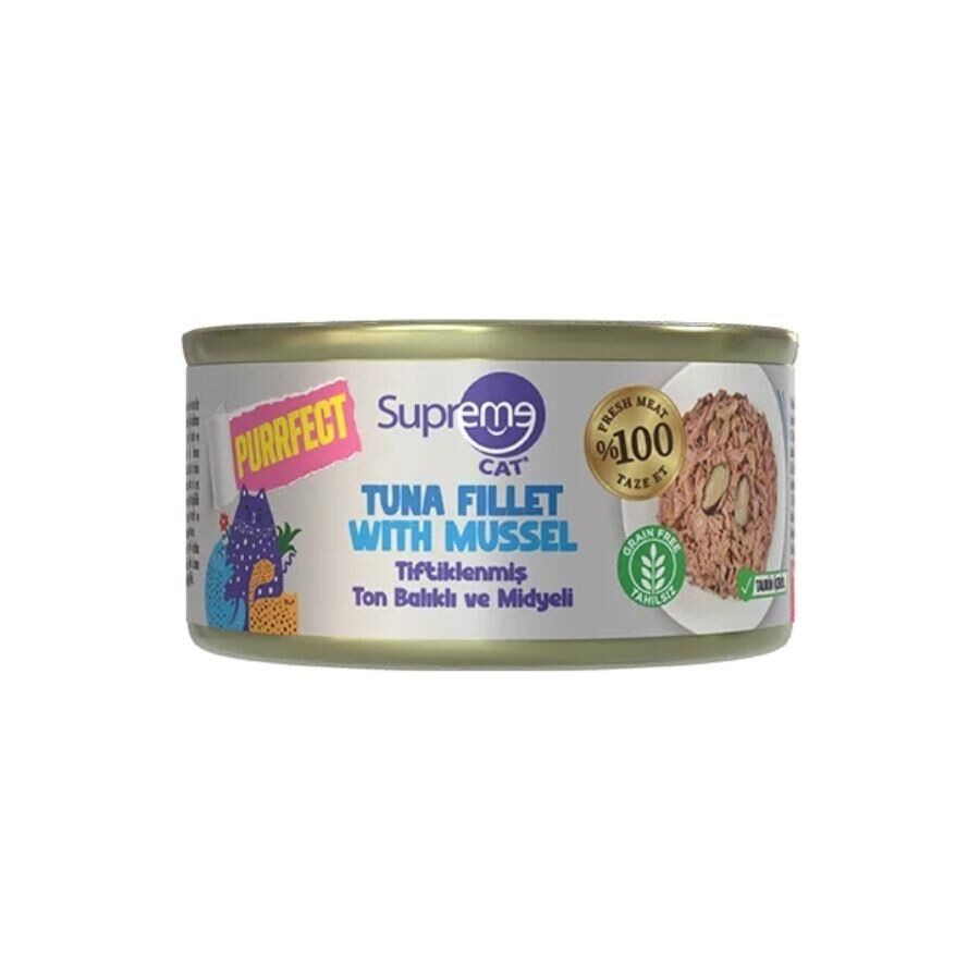 Supreme Cat Purrfect Tiftiklenmiş Ton Balıklı ve Midyeli Yetişkin Kedi Konservesi 70 gr