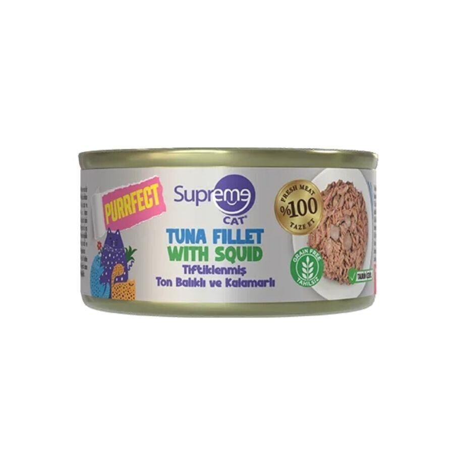 Supreme Cat Purrfect Tiftiklenmiş Ton Balıklı ve Kalamarlı Yetişkin Kedi Konservesi 70 gr
