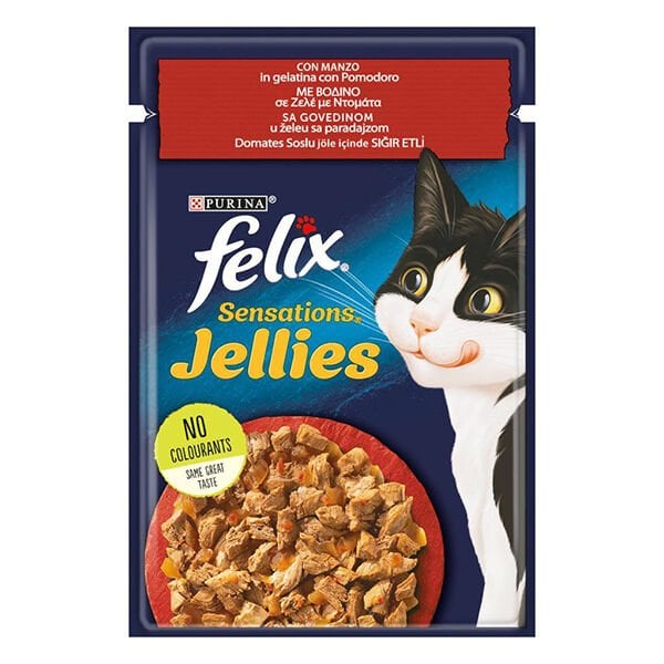 Felix Sensations Taze Jöle İçerisinde Domates Soslu Sığır Etli Yetişkin Yaş Kedi Maması 1 Adet 85 Gr
