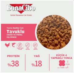 BonaCibo Tavuklu (Hamsi ve Pirinç eşliğinde) Yavru Kedi Maması 1.5 Kg