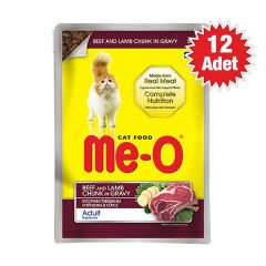 Meo Adult Parça Etli Soslu Dana ve Kuzu Etli Yetişkin Konserve Kedi Maması 12x80 Gr