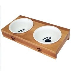 Carno Ahşap Sehpalı Seramik Kedi Mama ve Su Kabı Kılçık 2x200 Ml Beyaz