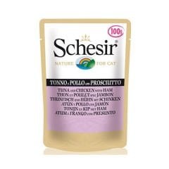 Schesir Ton Balıklı Tavuklu ve Jambonlu Pouch Konserve Yetişkin Kedi Maması 100 Gr