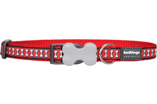 Red Dingo Reflektörlü Kemik Desenli Köpek Boyun Tasması Kırmızı 25 Mm