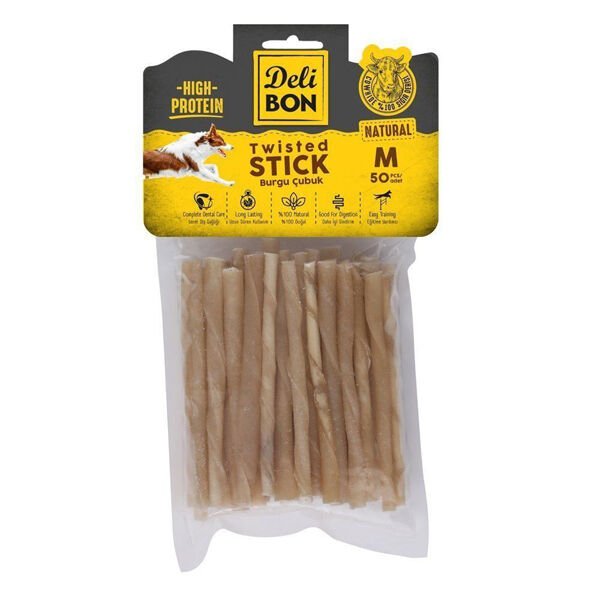 Delibon Orta Boy Deri Burgu Çubuk Köpek Ödülü Naturel 50 Adet