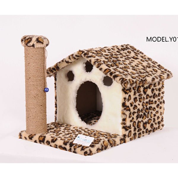 Cat Hause Y01 Ev Şeklinde Yuvalı ve Yataklı Kedi Tırmalama Evi Leopar 45 Cm