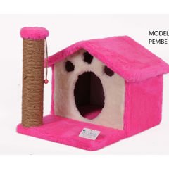 Cat Hause Y01 Ev Şeklinde Yuvalı ve Yataklı Kedi Tırmalama Evi Pembe 45 Cm
