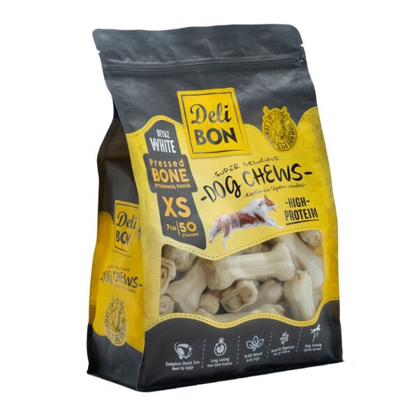 Delibon Beyaz Deri Pres Kemik Köpek Ödülü Xsmall 7 Cm 50 Adet