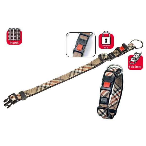 Karlie Kilitli Köpek Boyun Tasması Large Ekose Bej 25 Mm 45-65 Cm