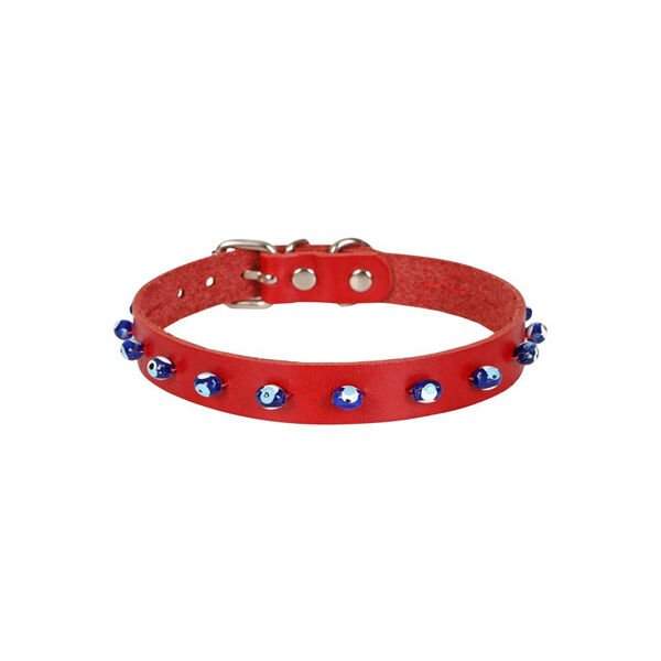Cattie Boncuklu Deri Küçük Irk Köpek ve Kedi Boyun Tasması Xxlarge Kırmızı 1.5x29-33 Cm