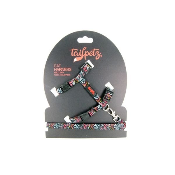 Tailpetz Harness Ayarlanabilir Kedi Göğüs ve Gezdirme Tasması Graffiti 22-30 Cm
