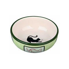 Trixie Balık ve Kedi Desenli Seramik Kedi Mama ve Su Kabı Yeşil 0.35 Lt 12.5 Cm