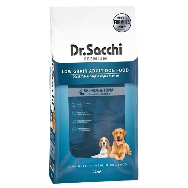 Dr.Sacchi Premium Somonlu ve Ton Balıklı Düşük Tahıllı Yetişkin Köpek Maması 12 Kg