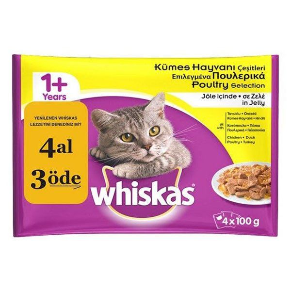 Whiskas Pouch Multipack Kümes Hayvanlı Yetişkin Konserve Kedi Maması 4x100 Gr