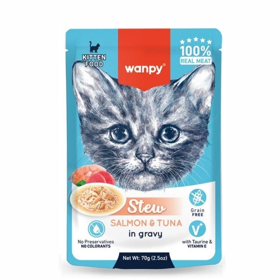 Wanpy Stew Gravy Pocuh Ton Balıklı ve Somonlu Yavru Yaş Kedi Maması 70 gr