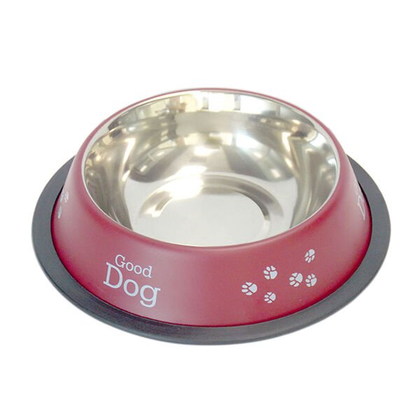 Tommy Çelik Kedi ve Köpek Mama ve Su Kabı Pati Desenli Bordo 8 Oz