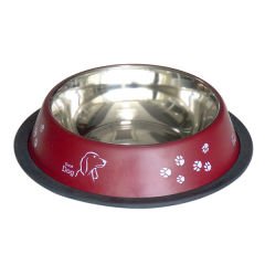 Tommy Çelik Kedi ve Köpek Mama ve Su Kabı Pati Desenli Bordo 16 Oz