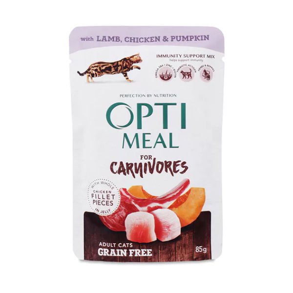 Optimeal Tahılsız Tavuklu Kuzu Etli ve Balkabaklı Konserve Yetişkin Kedi Maması 85 Gr