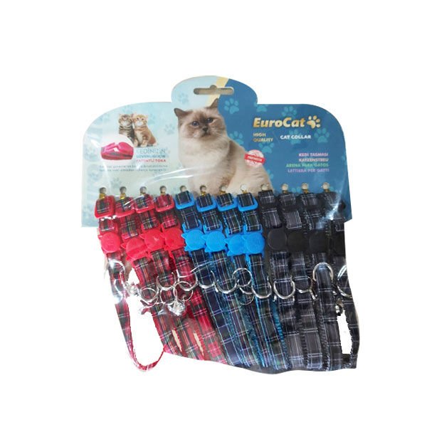 Euro Cat Ekose Desenli Çıngıraklı Kedi Boyun Tasması Kırmızı/Mavi/Siyah 12 Adet 1 Mm 28 Cm