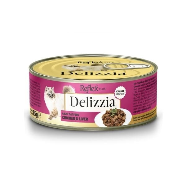 Reflex Plus Delizzia Sos İçinde Parça Etli Tavuklu ve Ciğerli Yetişkin Konserve Kedi Maması 85 Gr 1 Adet