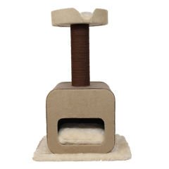Kralle Kapaklı ve Yuvalı Kedi Tırmalamalı Oyun Evi Koyu Krem 60x45x90h Cm