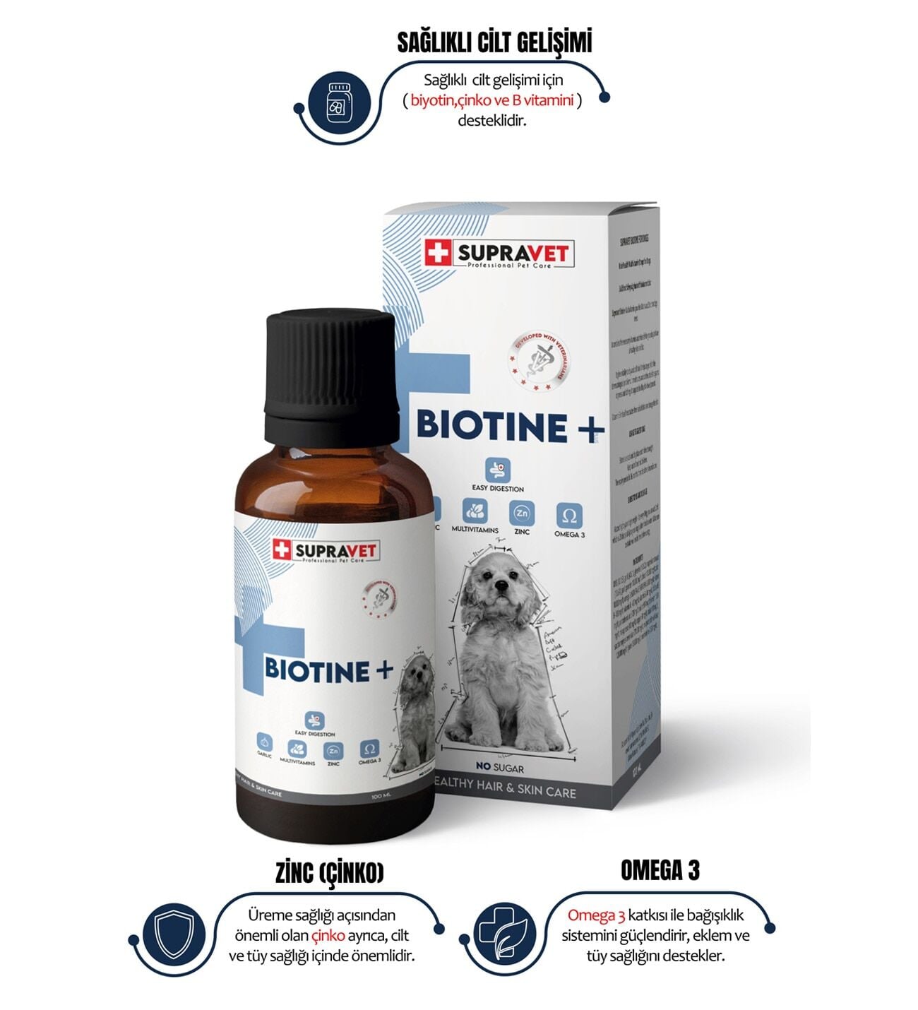 Supravet Plus + B For Dogs Biotine Damla 100 ml + Zinc + Multi Vitamin (Köpekler Için Tüy Sağlığı Damlası)