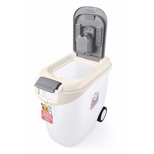 Catidea Tekerlekli Mama Saklama Kabı 2 Kapaklı 10-12 Kg Krem