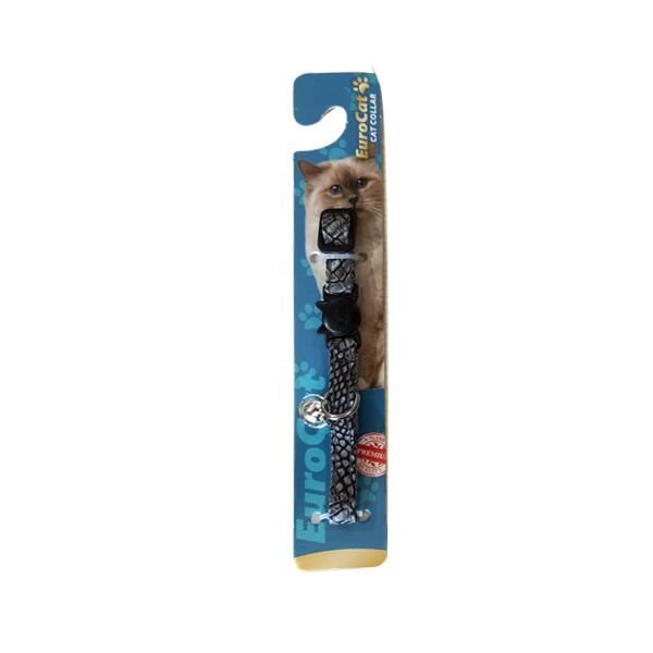 EuroCat Gri Deri Desenli Çıngıraklı Kedi Boyun Tasması 10 mm 28 cm