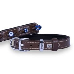 Doggie Comfort Deri Nazar Boncuklu Köpek Boyun Tasması Small Kahverengi 2x30-35 Cm