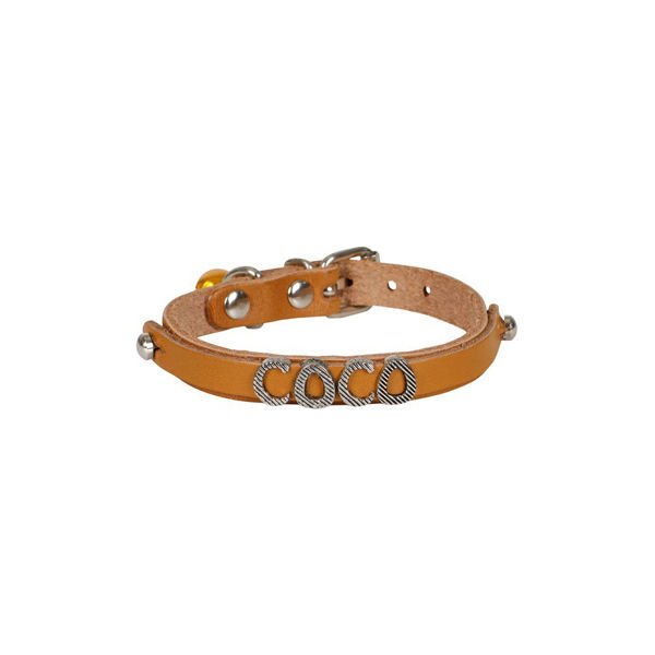 Cattie İsimlikli El Yapımı Gerçek Deri Kedi Boyun Tasması Medium Camel 1x19-23 Cm