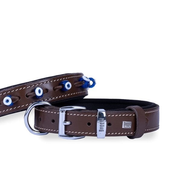 Doggie Comfort Deri Nazar Boncuklu Köpek Boyun Tasması Medium Kahverengi 3x42-50 Cm