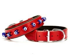 Doggie Comfort Deri Nazar Boncuklu Köpek Boyun Tasması Medium Kırmızı 3.5x47-55 Cm