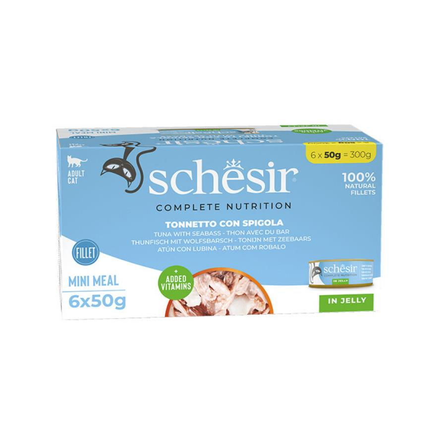 Schesir Tam ve Dengeli Ton Balığı ile Levrekli Jöle İçinde Kedi Konservesi Multipack 6x50 gr