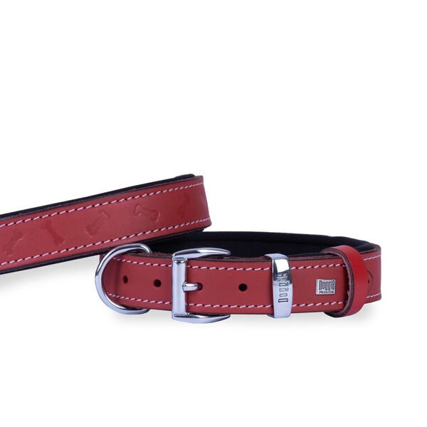Doggie Comfort Deri Kemik Desenli Köpek Boyun Tasması Medium Kırmızı 3x42-50 Cm