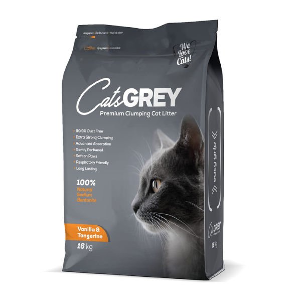 Cats Grey Premium Vanilya ve Mandalina Kokulu Tozsuz Topaklanan İnce Taneli Bentonit Kedi Kumu 16 Kg