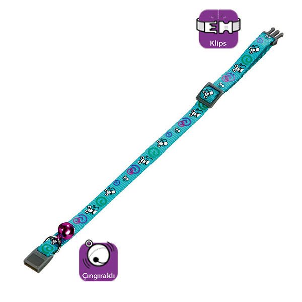 Karlie Çıngıraklı Klipsli Kedi Boyun Tasması Turkuaz 30 Cm