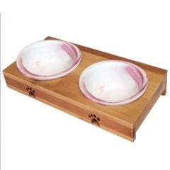 Carno Ahşap Sehpalı Seramik Kedi ve Köpek Mama ve Su Kabı Pembe 2x200 Ml