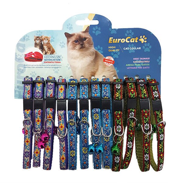 Euro Cat Çiçek Desenli Çıngıraklı Kedi Boyun Tasması Kırmızı/Mavi/Mor 12 Adet 1 Mm 28 Cm